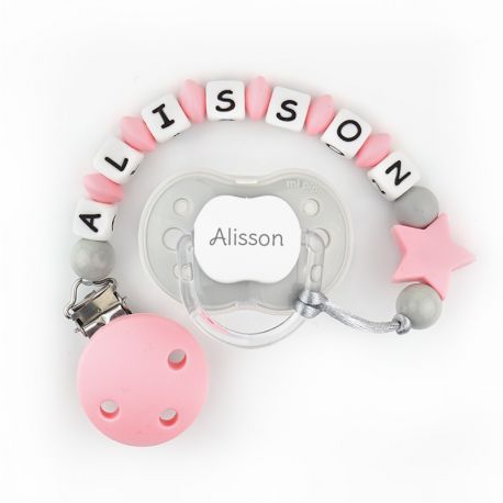 chupete-new-classic-gris-cadenita-de-silicona-estrella-salmon-personalizados Chupete New Classic Gris + Cadenita de silicona Estrella salmón personalizados - Imagen 1